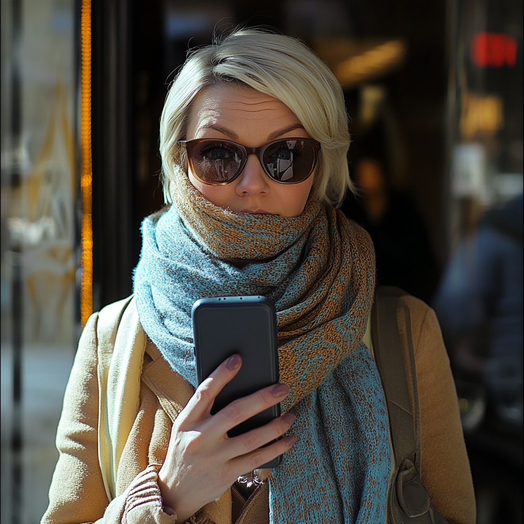 Une femme stressée couverte d'un foulard tout en portant de grandes lunettes de soleil, tenant un téléphone | Source : Midjourney