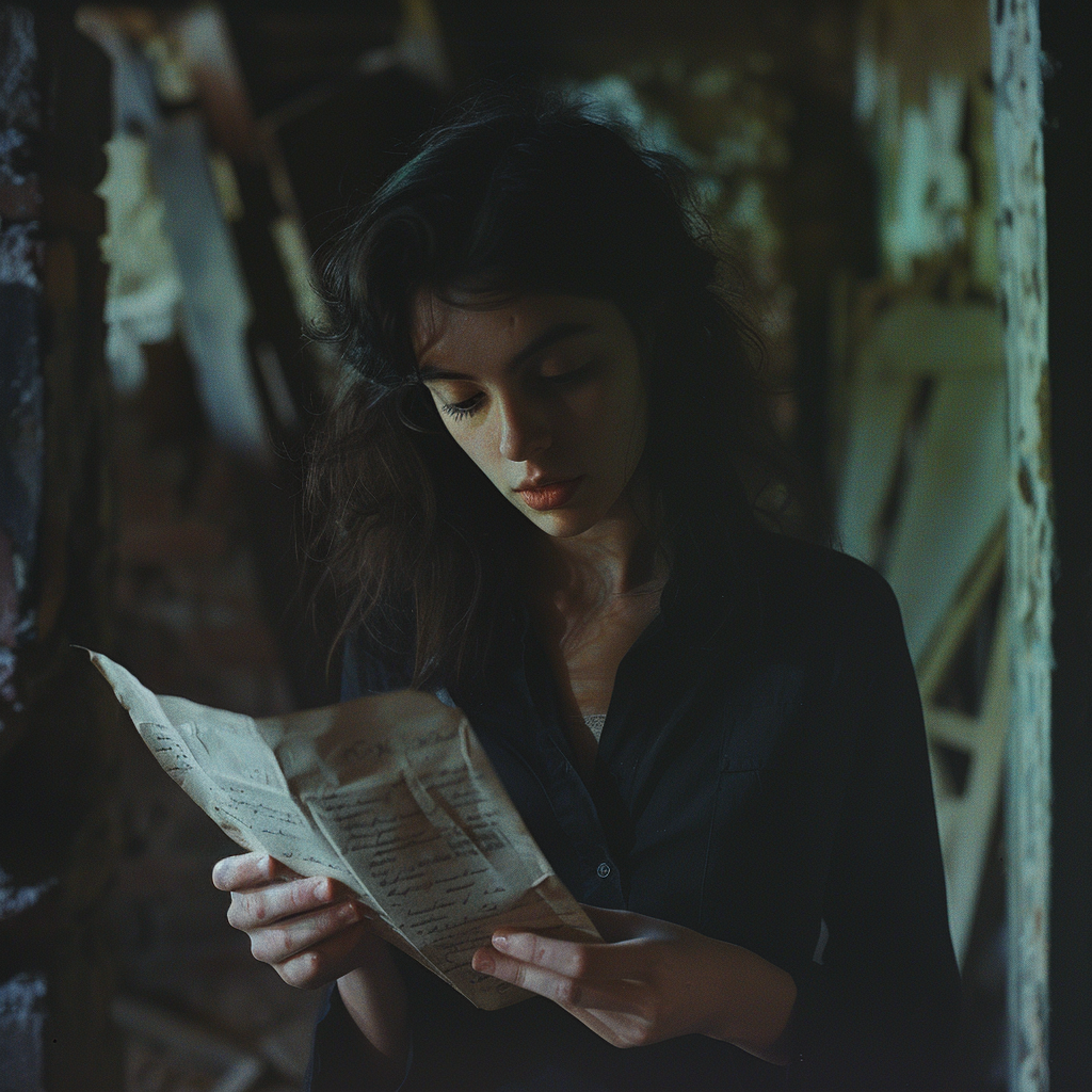 Une femme lit une lettre d'amour dans la cave | Source : Midjourney