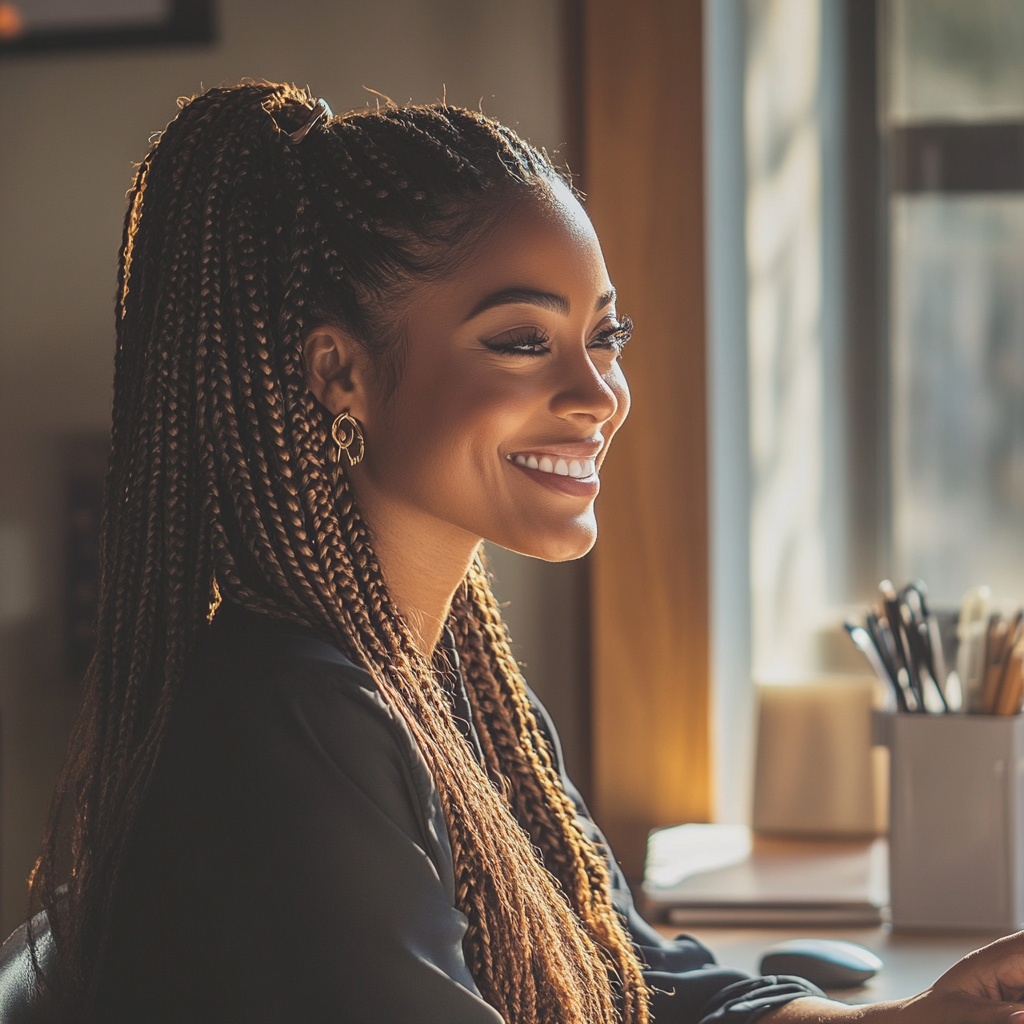 Une femme souriante assise à son bureau | Source : Midjourney