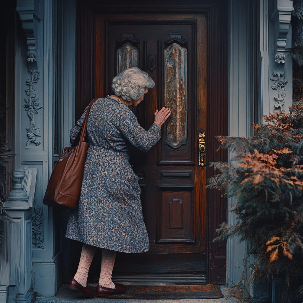 Une femme qui frappe à la porte d'un manoir | Source : Midjourney