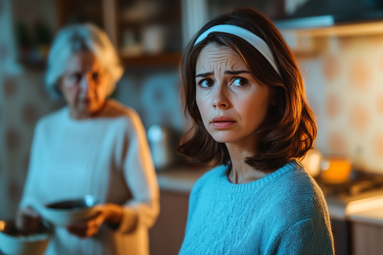 Femme d'une trentaine d'années debout dans une cuisine, l'air contrarié, tandis qu'une femme plus âgée à l'arrière-plan tient de la vaisselle | Source : Midjourney