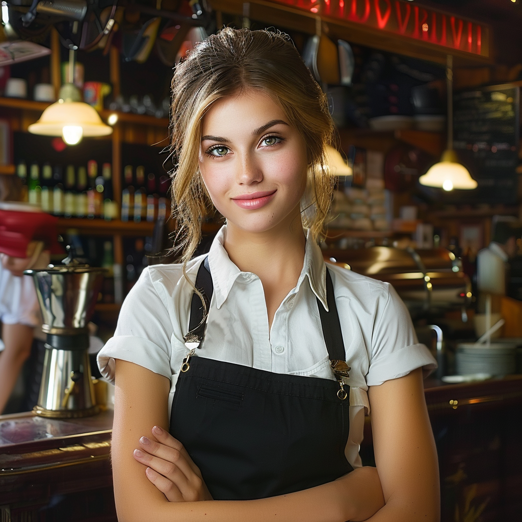 Une serveuse vaquant à ses occupations habituelles avec un sourire chaleureux dans un restaurant d'élite | Source : Midjourney