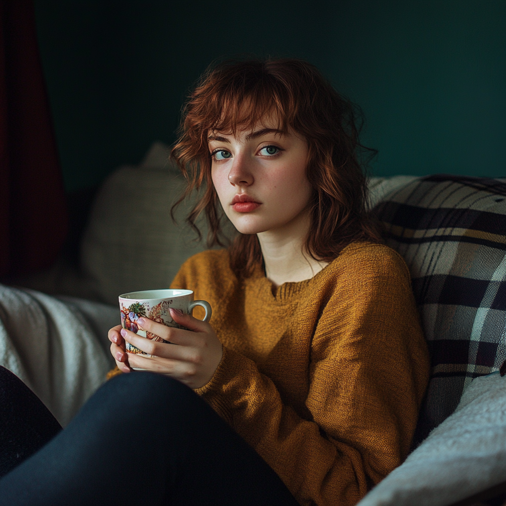 Une jeune femme assise sur un canapé | Source : Midjourney