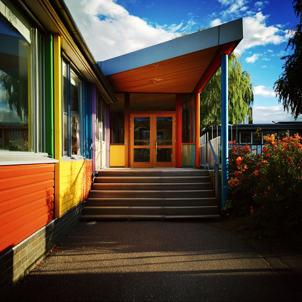 L'extérieur d'un bâtiment scolaire coloré | Source : Midjourney