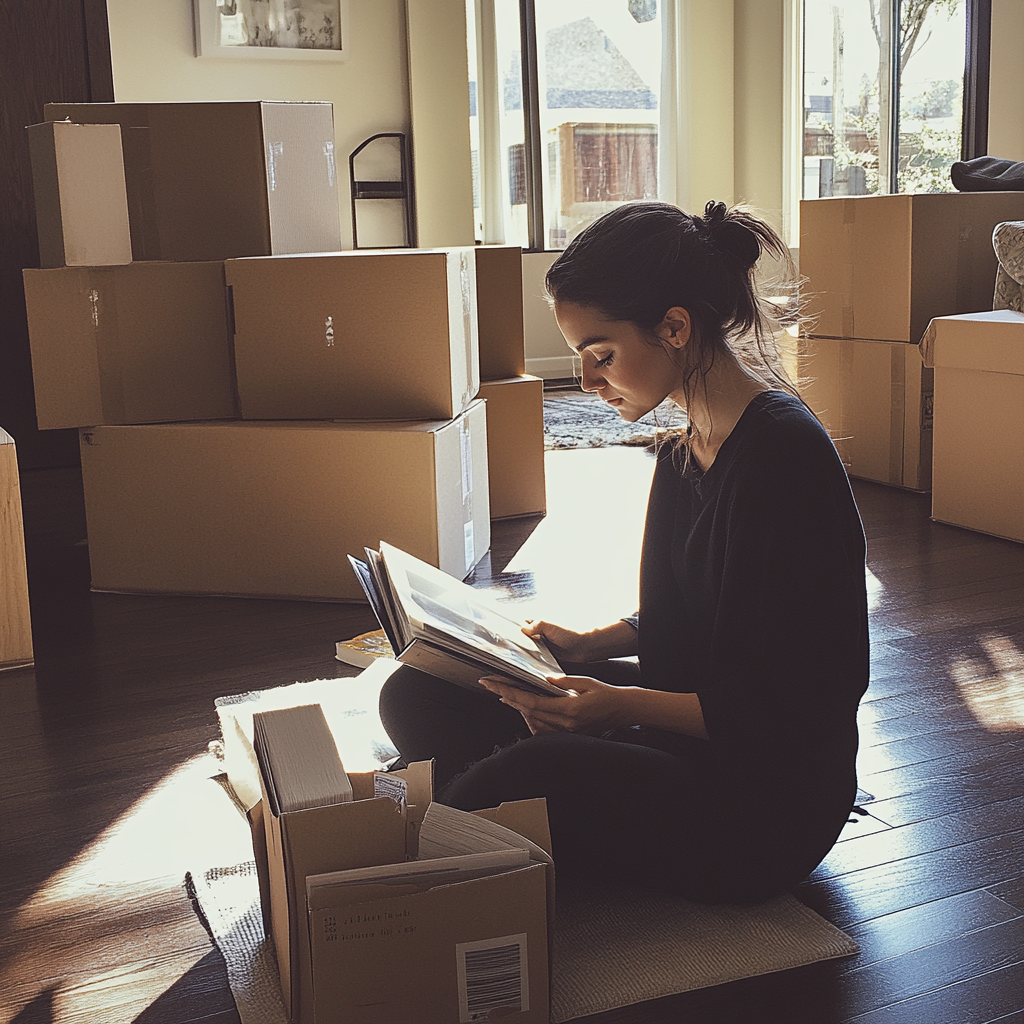 A woman sitting on the floor looking at an album | Source: Midjourney