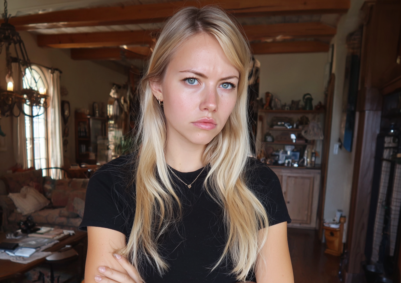 Une jeune femme renfrognée aux bras croisés | Source : Midjourney