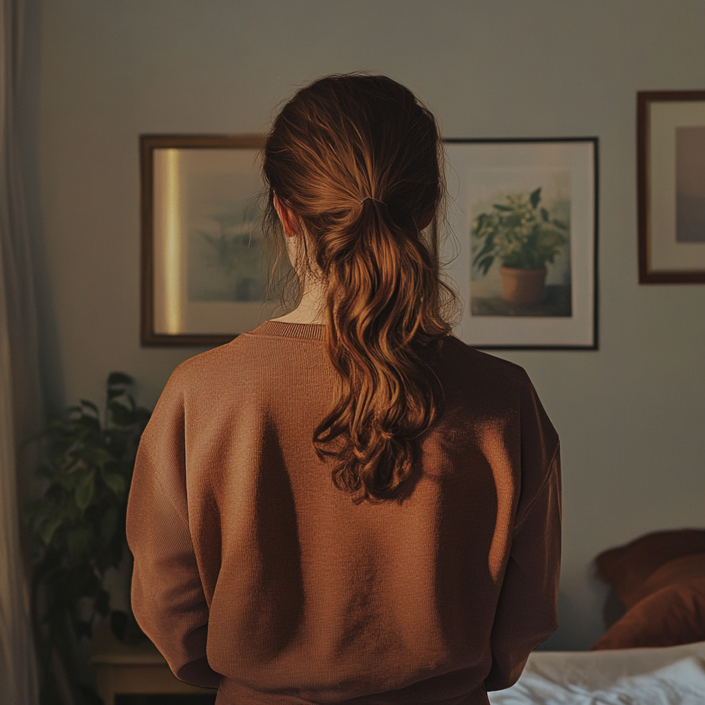 Une vue de dos d'une femme debout dans une chambre à coucher | Source : Midjourney