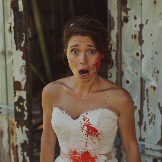 Une mariée choquée et bouleversée avec de la peinture rouge sur sa robe | Source : Midjourney