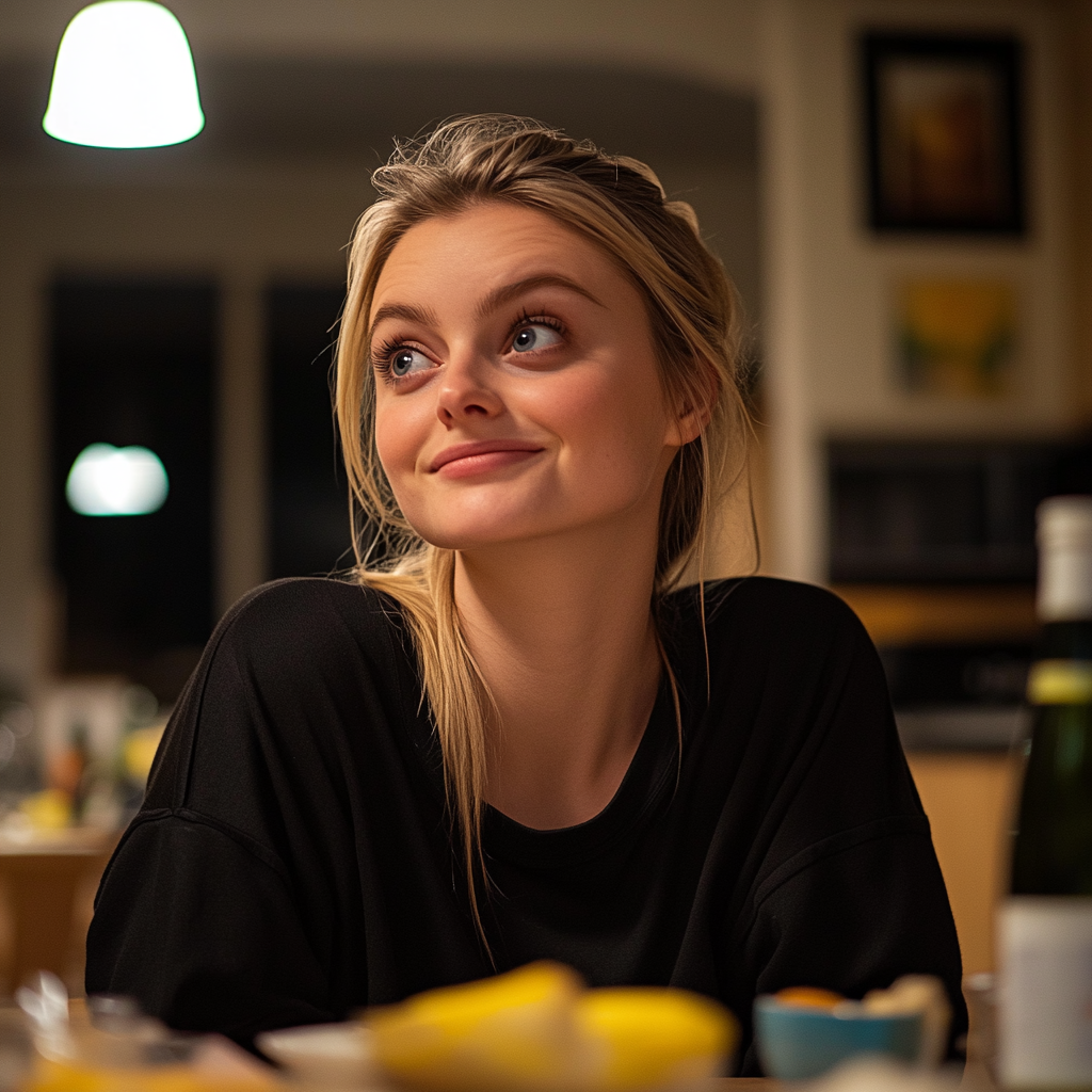 Une femme force un sourire en regardant quelqu'un | Source : Midjourney