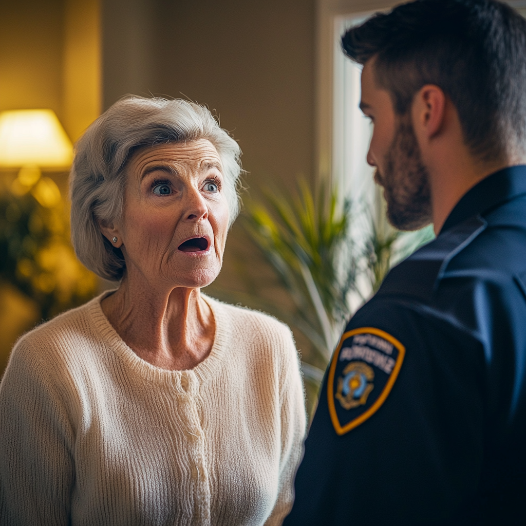 Une femme âgée a l'air surprise alors qu'elle parle à un officier de police | Source : Midjourney