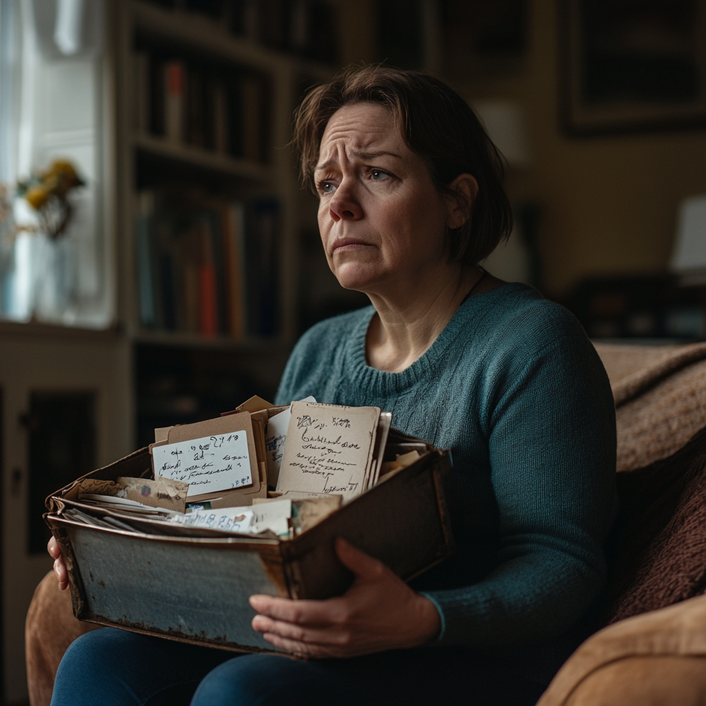 Une femme sérieuse tenant une boîte avec des lettres ⏐ Source : Midjourney