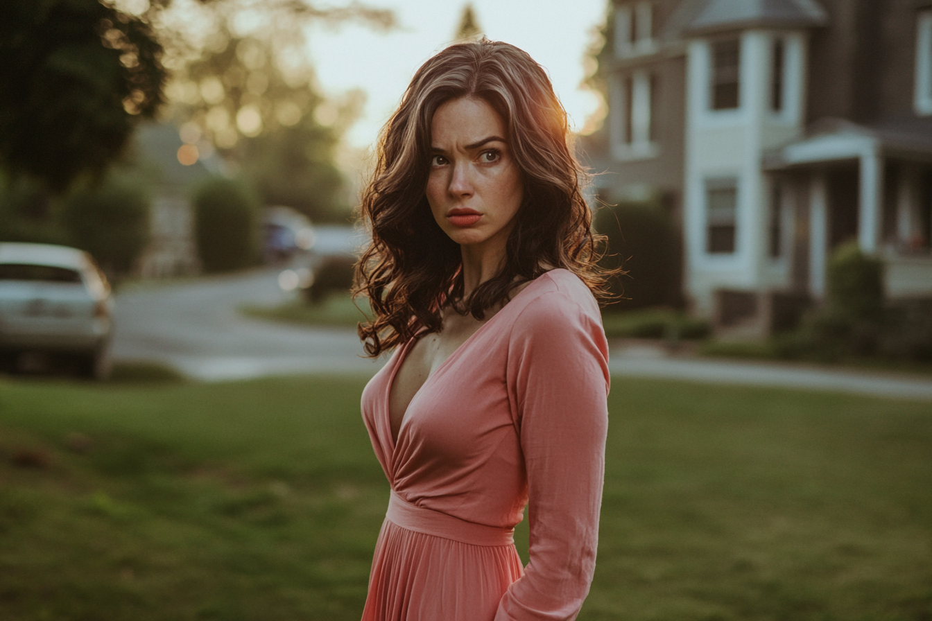 A woman standing on a lawn, looking angry | Source: Midjourney