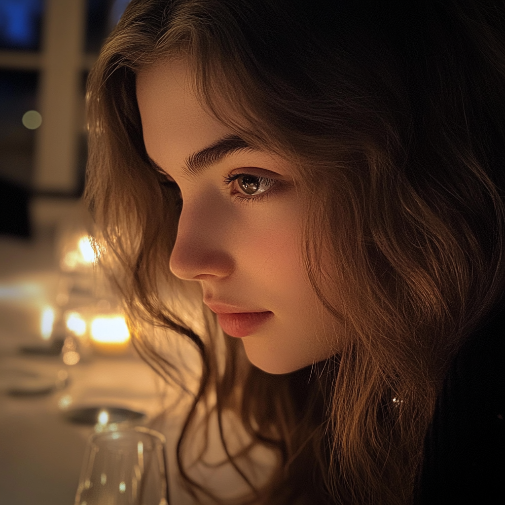 Une fille assise à une table de dîner | Source : Midjourney