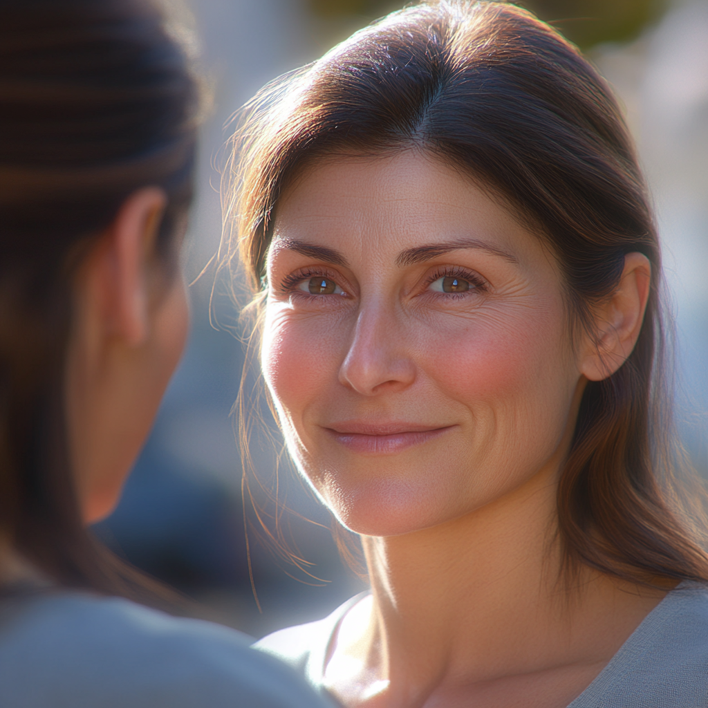 Une femme qui sourit à sa voisine | Source : Midjourney