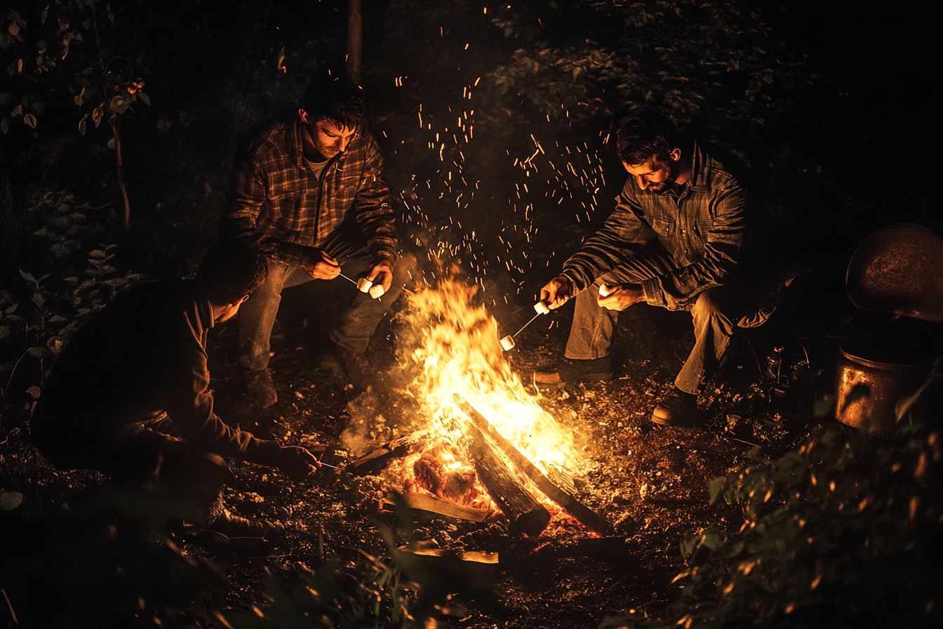 Des hommes autour d'un feu de joie en train de griller des guimauves | Source : Midjourney