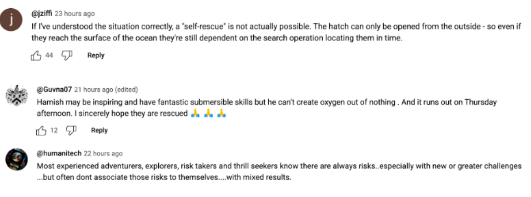 Capture d'écran des commentaires concernant la probabilité d'un sauvetage postés sur YouTube le 20 juin 2023 | Source : YouTube.com/GBNews