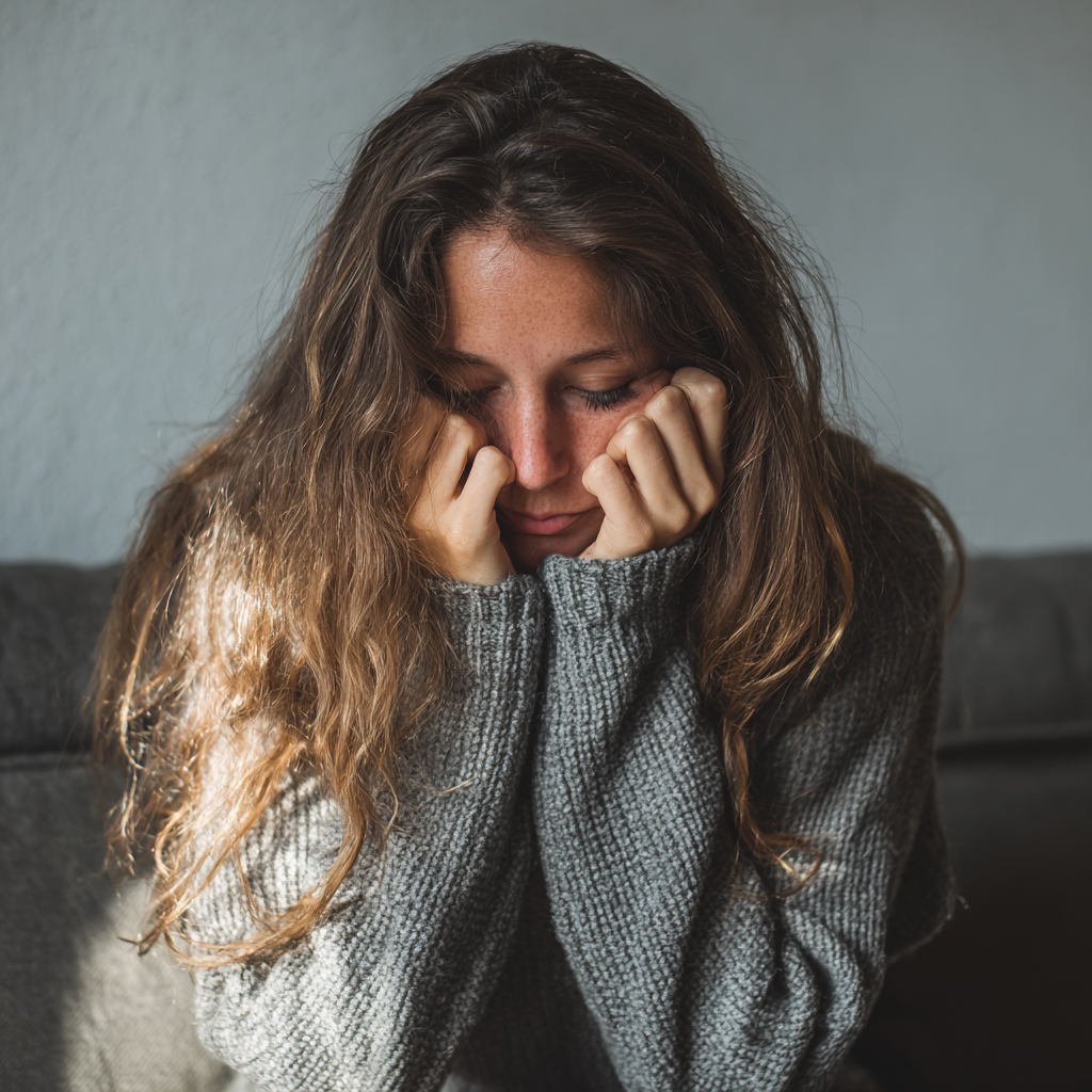Une femme assise sur un canapé et se tenant la tête | Source : Midjourney