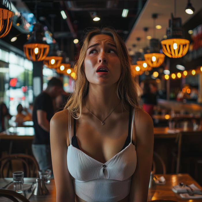 Une femme debout dans un restaurant se sentant triste et pleine de remords | Source : Midjourney