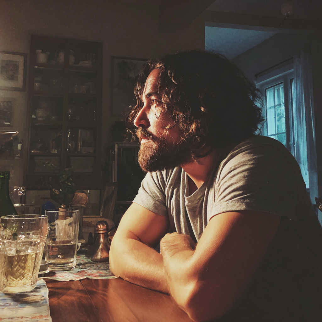 Un homme choqué assis à une table | Source : Midjourney