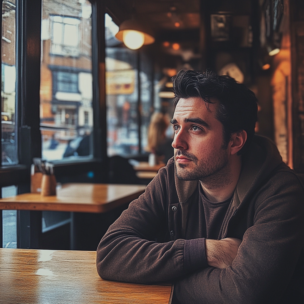 Un homme assis dans un café | Source : Midjourney