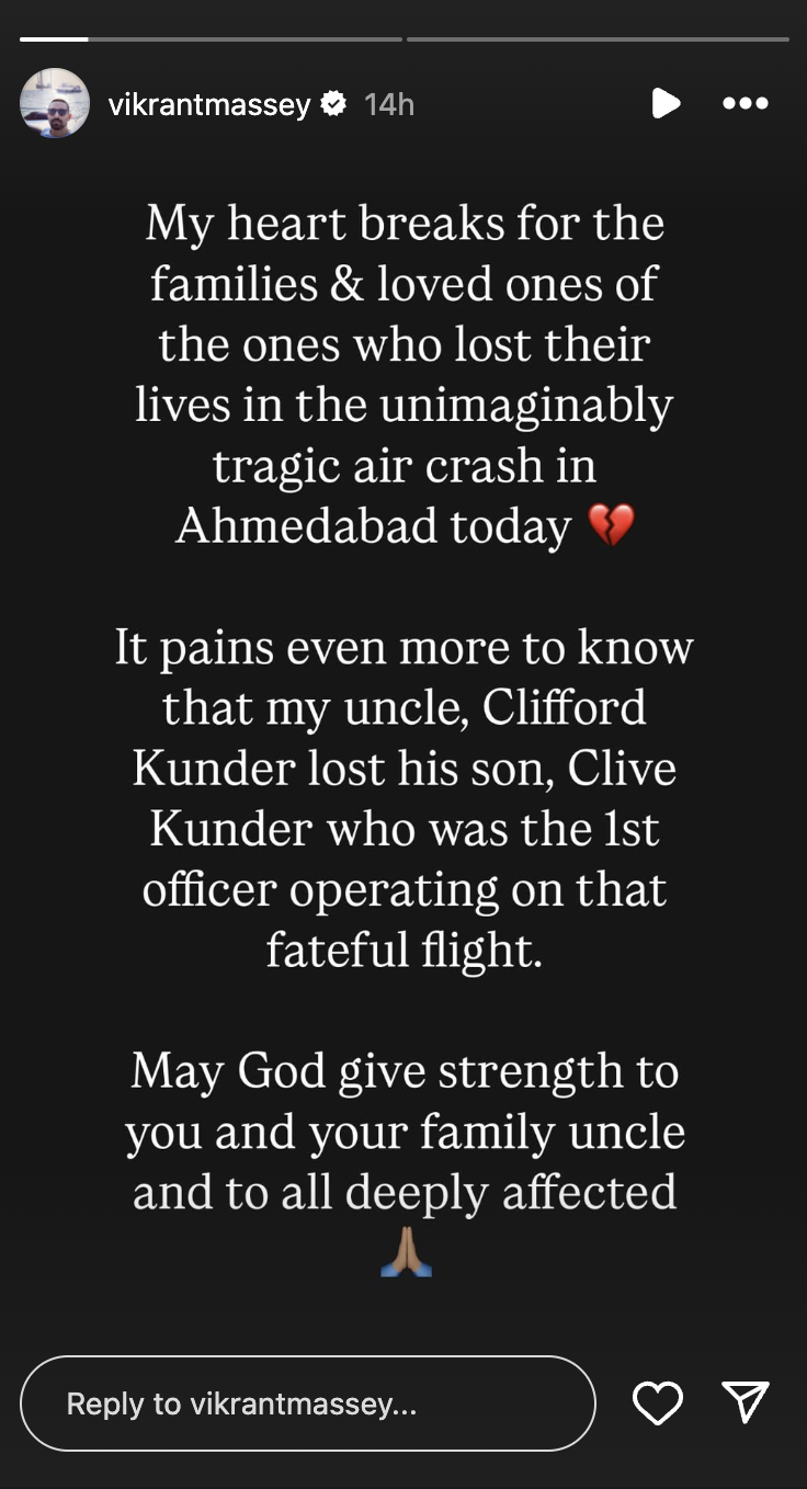 Vikrant Massey pleure avec les familles qui ont perdu leurs proches, extrait d'un post partagé le 12 juin 2025 | Source : Instagram/vikrantmassey