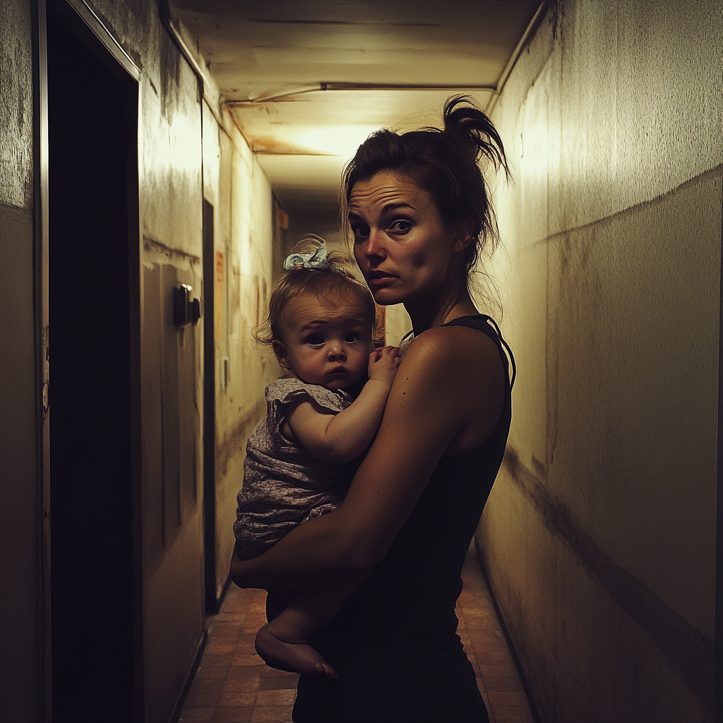 Une femme et son bambin dans un couloir | Source : Midjourney