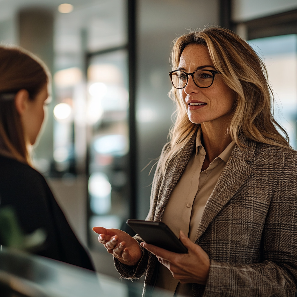 Femme parlant à une réceptionniste | Source : Midjourney