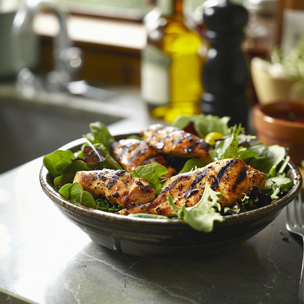 Une salade avec du poulet grillé sur un comptoir | Source : Midjourney