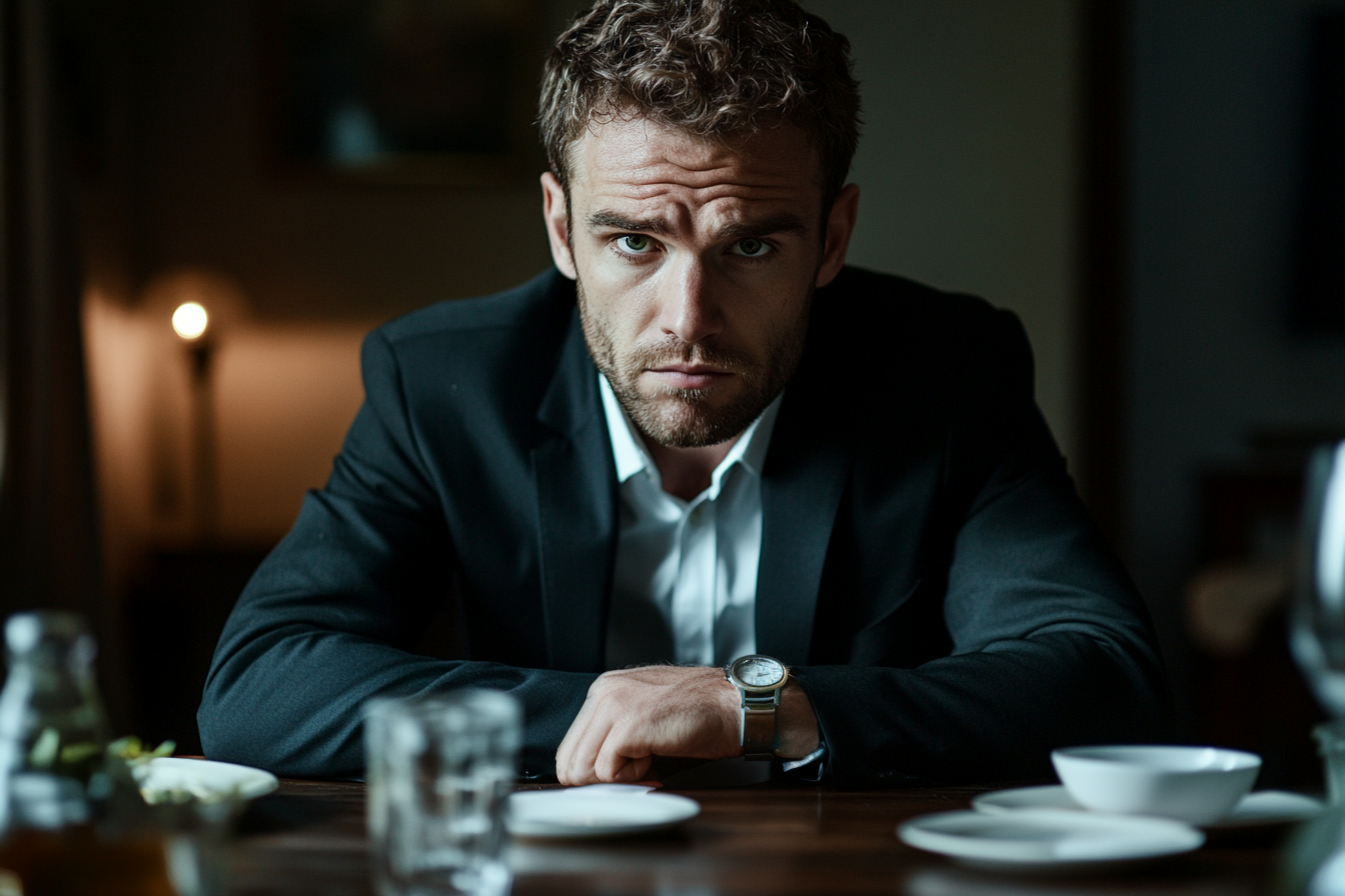 Un homme assis à une table de dîner | Source : Midjourney