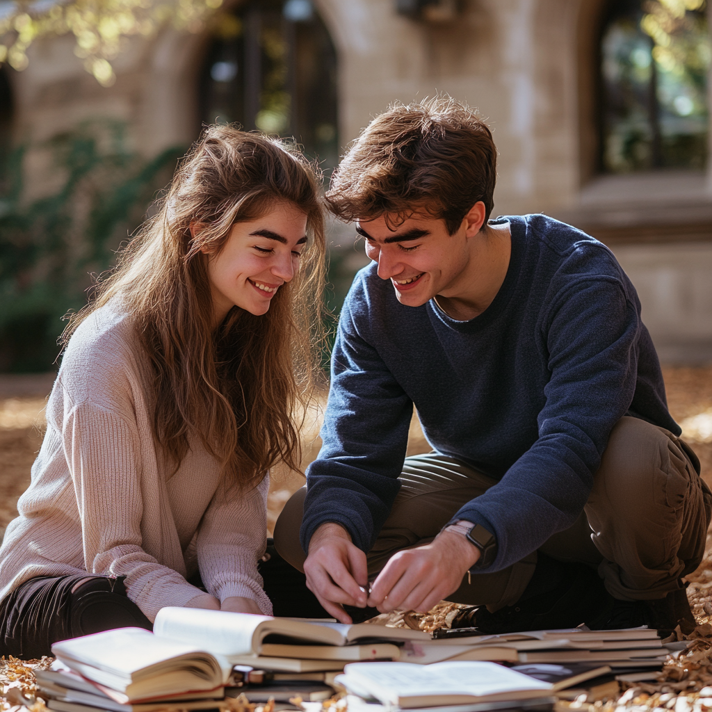 Un jeune couple s'agenouille pour ramasser les livres tombés sur un campus universitaire | Source : Midjourney