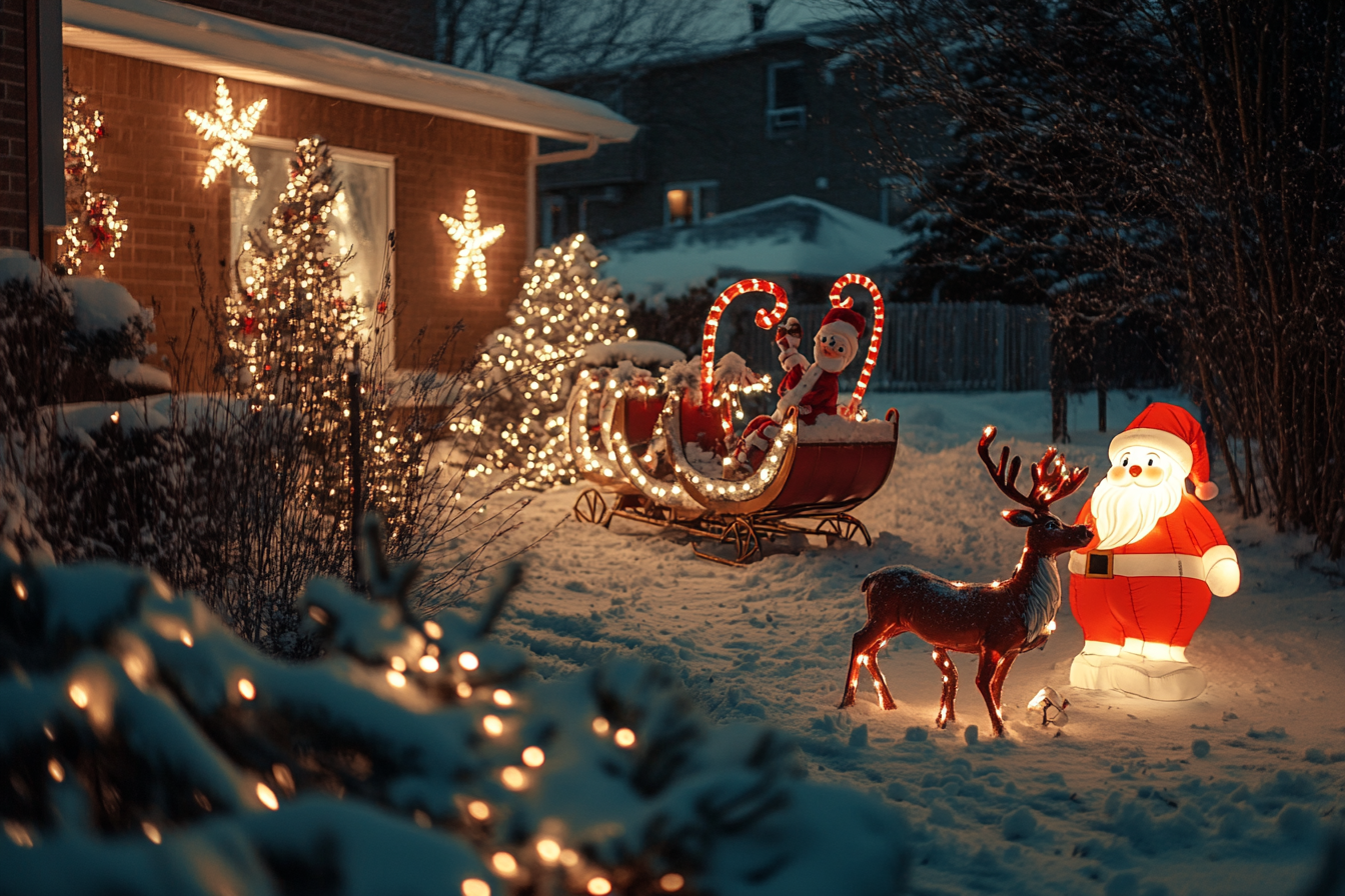 Décorations de Noël dans une cour enneigée | Source : Midjourney