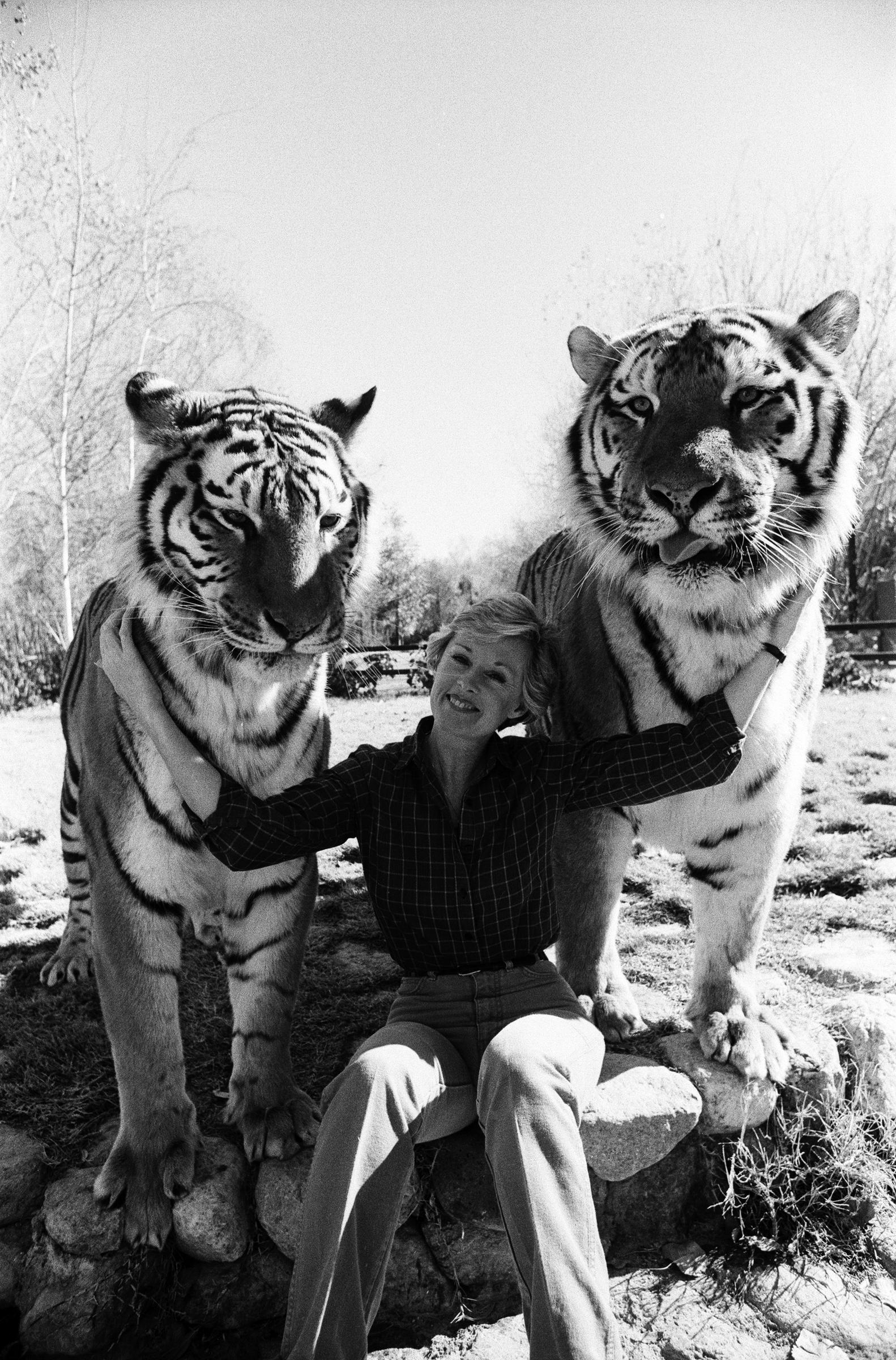 Tippi Hedren avec ses animaux dans leur complexe de la vallée de San Fernando, le 25 janvier 1982. | Source : Getty Images