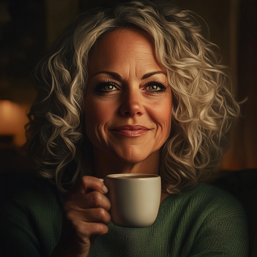 A smiling elderly woman holding a cup of coffee | Source: Midjourney