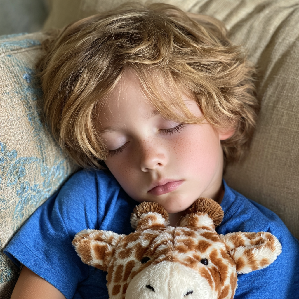 Un petit garçon endormi avec une girafe en peluche | Source : Midjourney