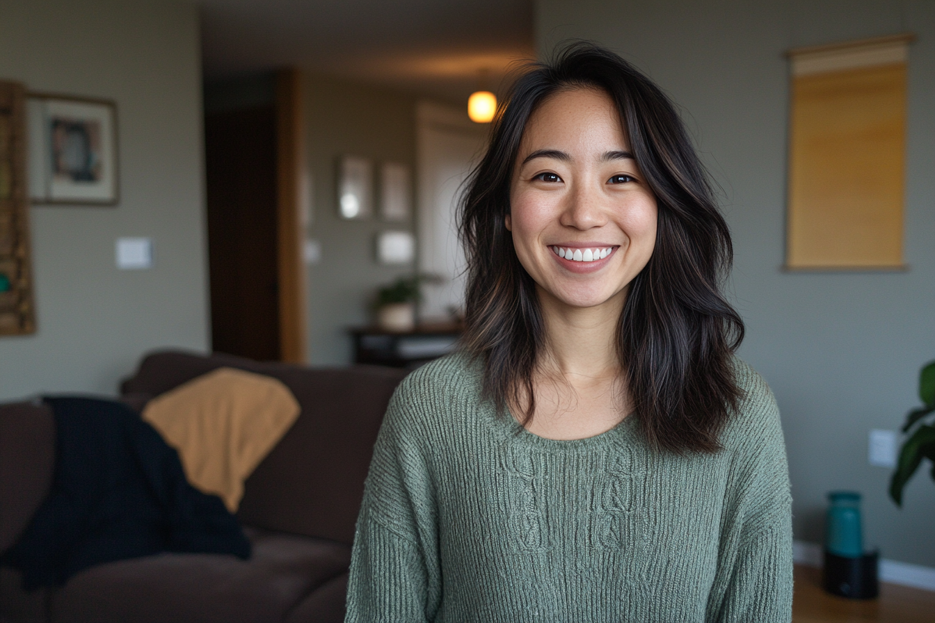 Une femme souriante dans un salon | Source : Midjourney