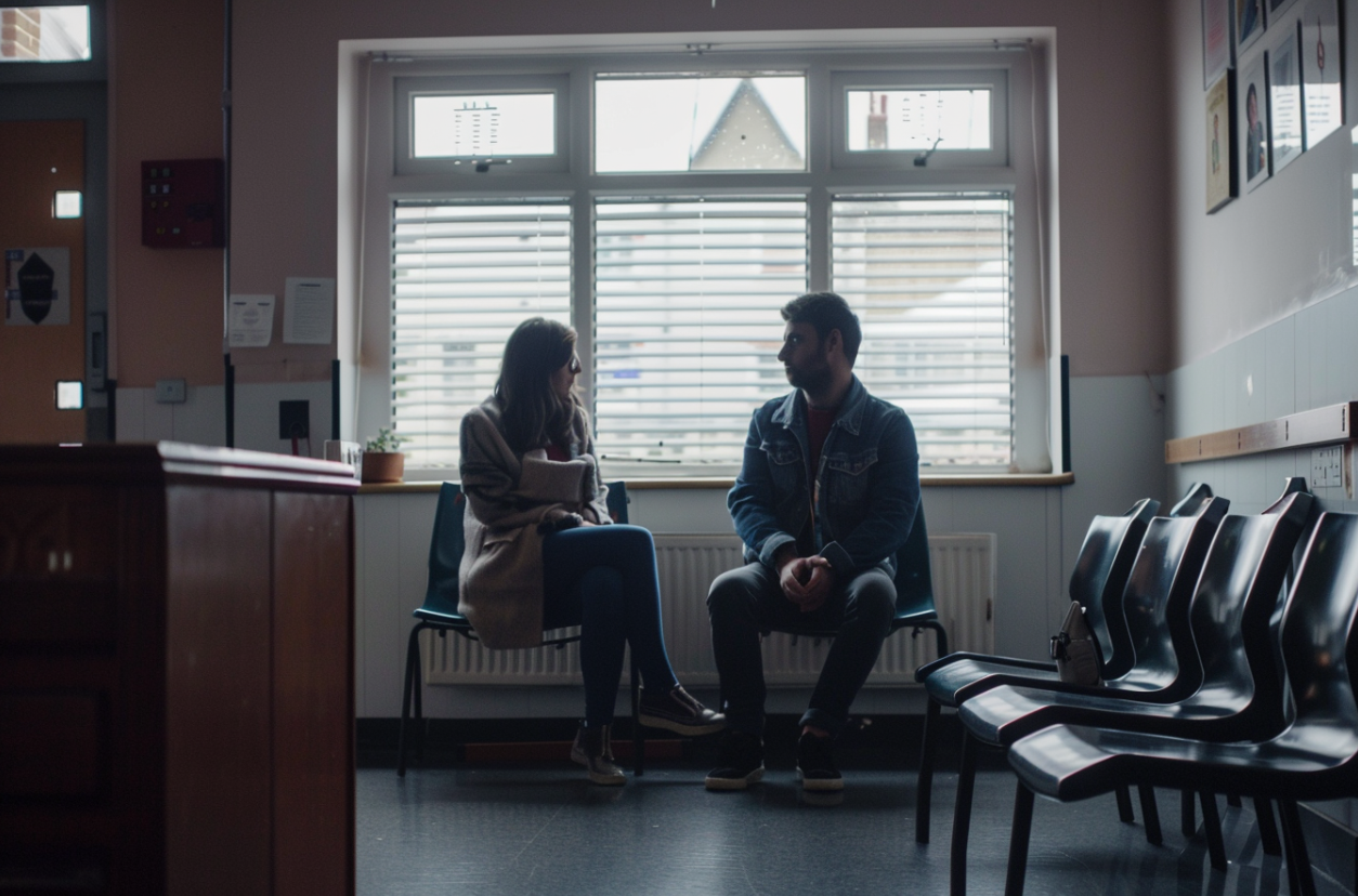 Un couple dans la salle d'attente d'un médecin | Source : MidJourney