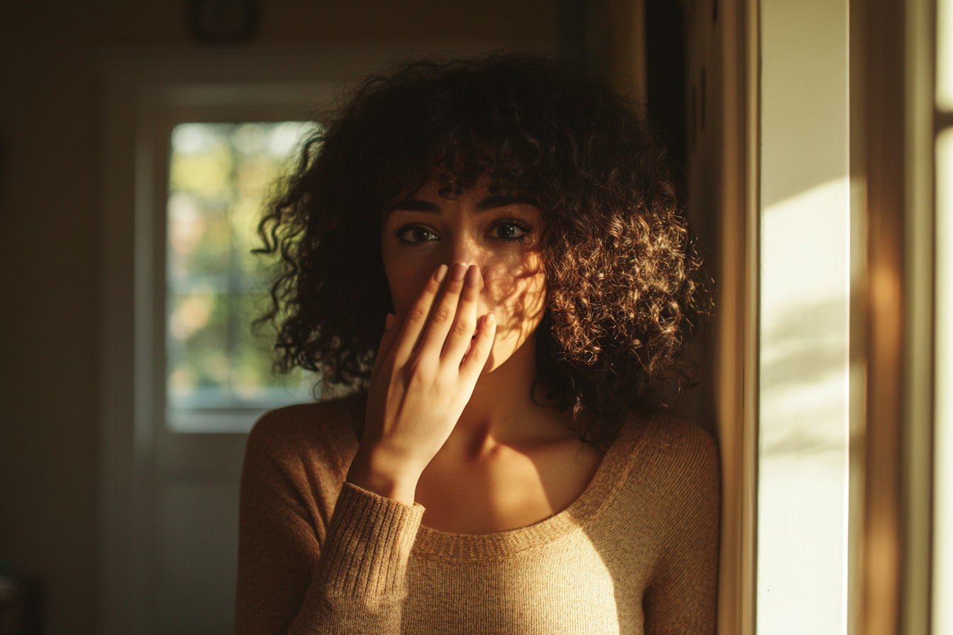 A woman standing in a hallway with a hand over her mouth | Source: Midjourney