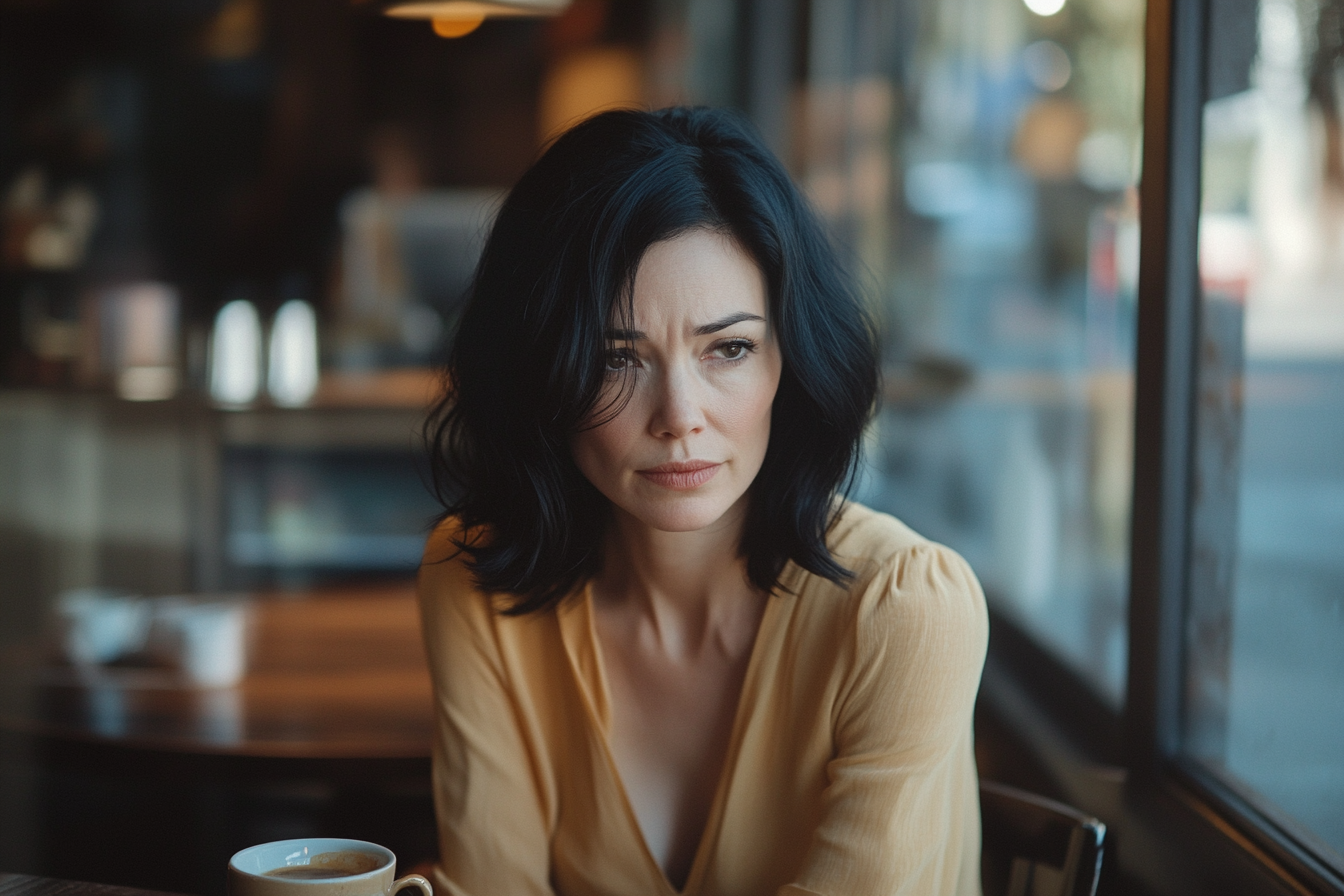 Une femme en robe jaune, l'air triste, assise à la table d'un café | Source : Midjourney