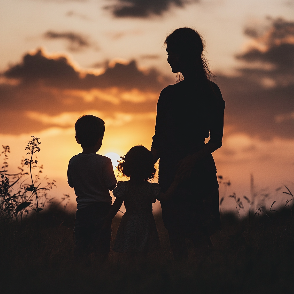 Silhouette d'une mère avec ses deux enfants | Source : Midjourney