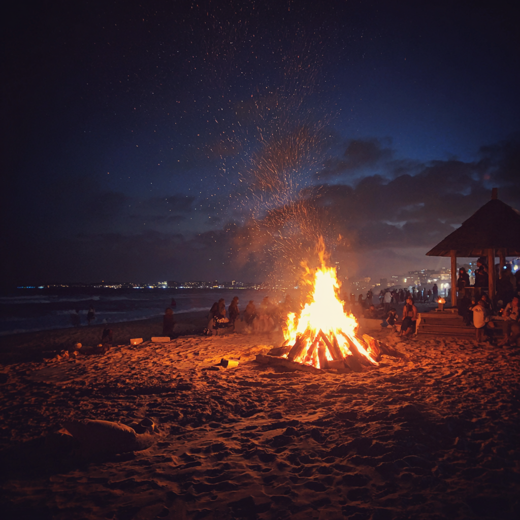 Un feu de joie sur la plage | Source : Midjourney