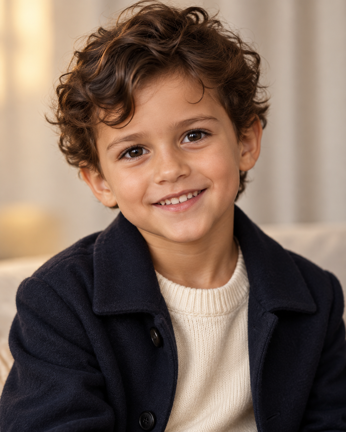 Un portrait généré par l'IA représente un jeune garçon aux cheveux bouclés, aux yeux brillants et au large sourire. L'enfant représenté n'existe pas et n'est qu'une combinaison artistique de traits associés à Zendaya et Tom Holland. | Source : ChatGPT