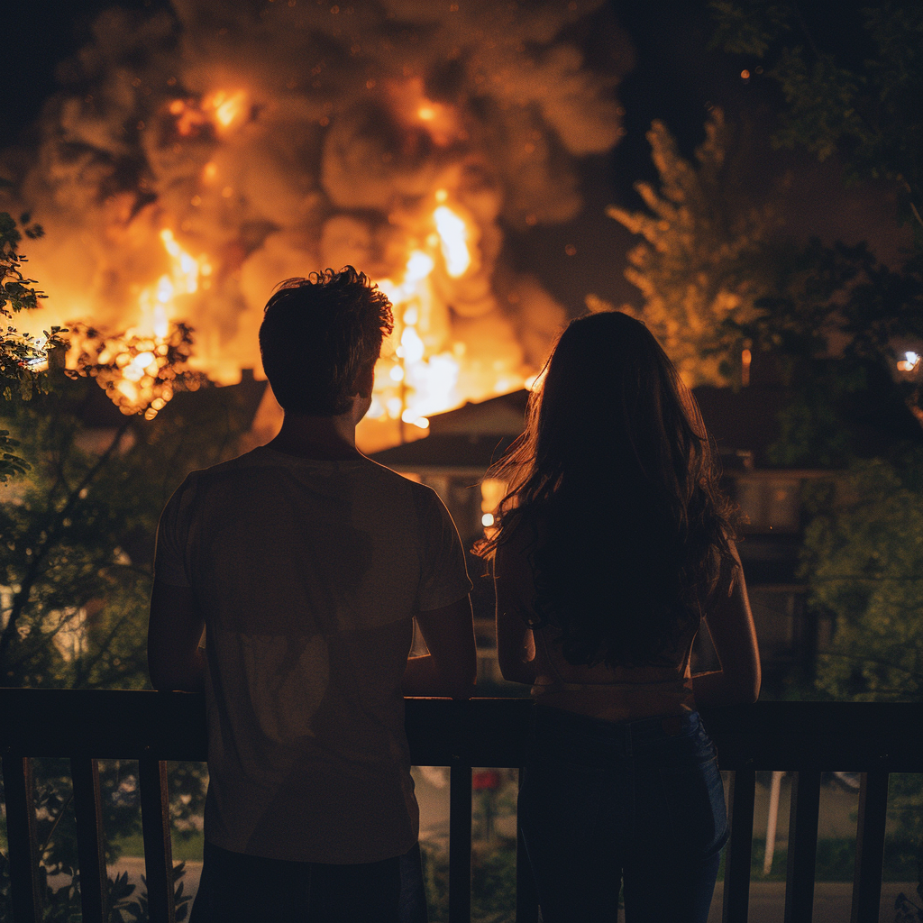 Un couple sur son balcon observant une maison en feu dans son quartier | Source : Midjourney