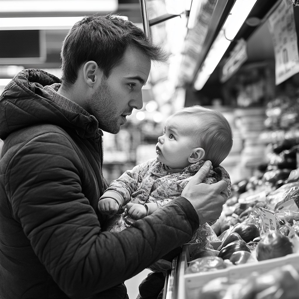 Un homme maladroit avec son bébé | Source : Midjourney