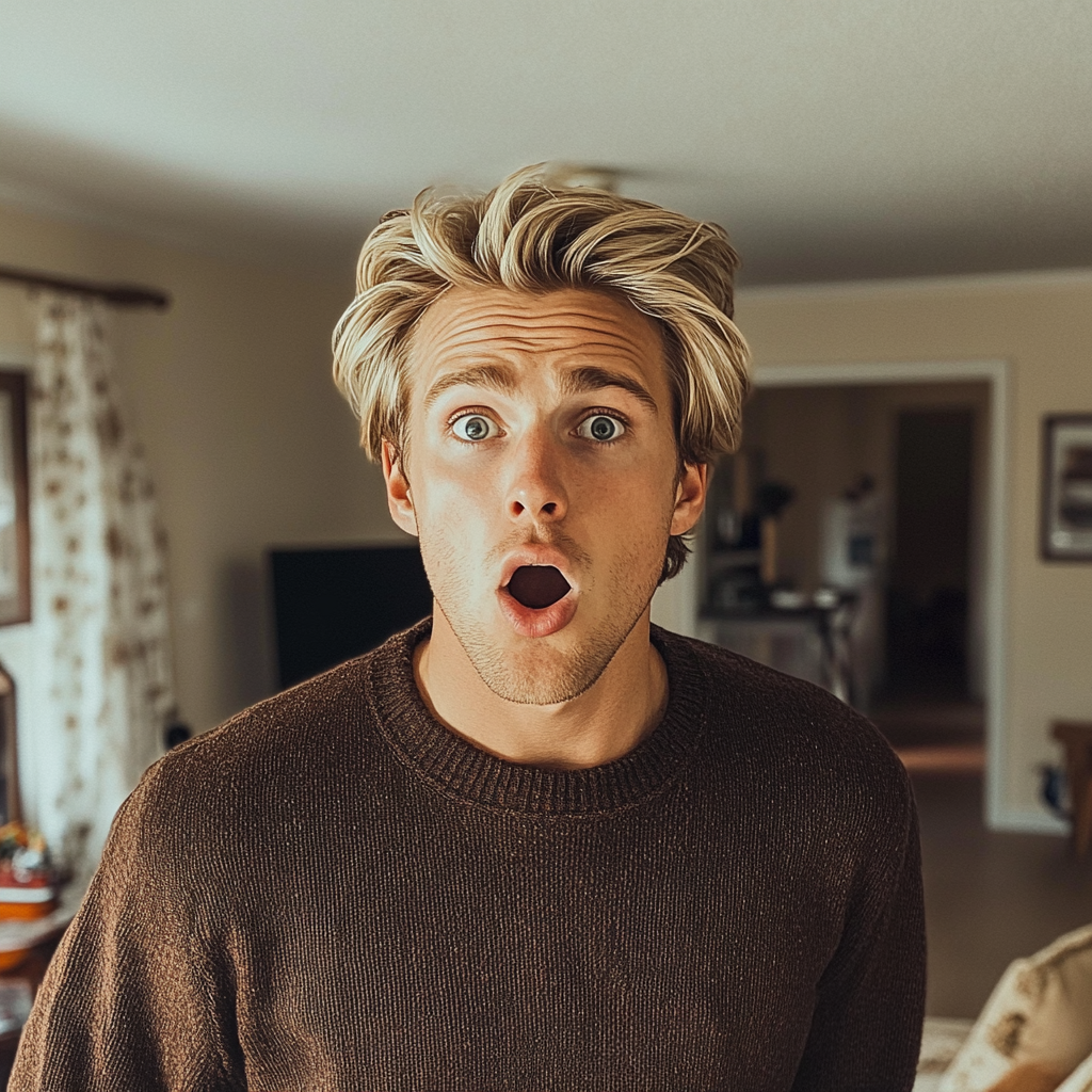 Un homme choqué debout dans un salon | Source : Midjourney