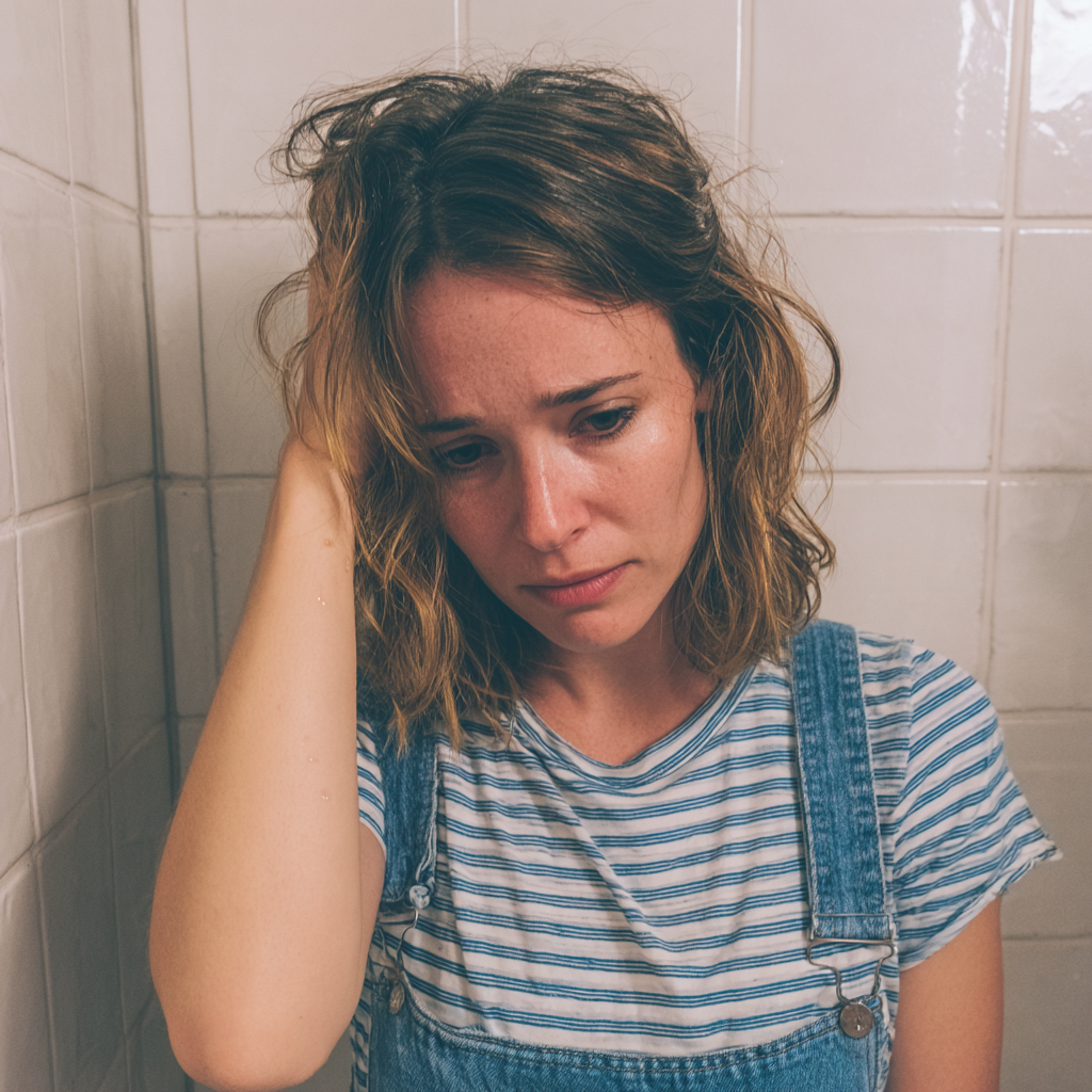 Une femme émotive debout dans une salle de bain | Source : Midjourney