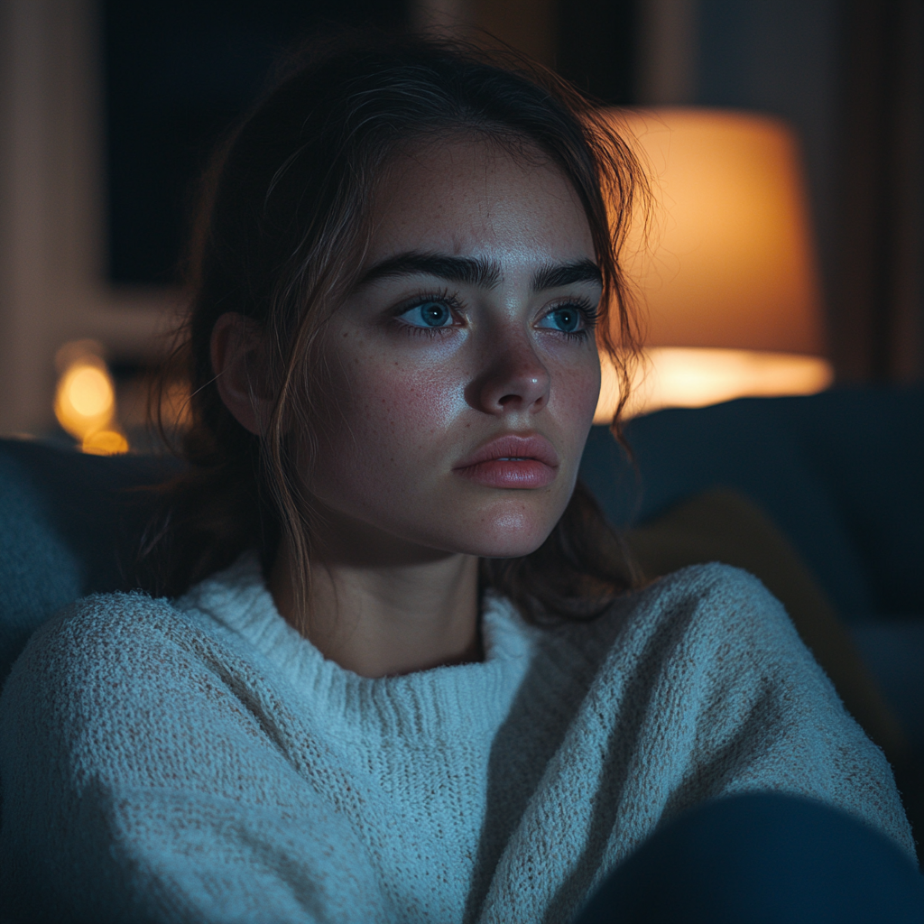 Une femme inquiète qui regarde la télévision | Source : Midjourney