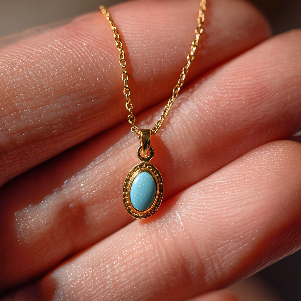 Gros plan sur la main d'une femme qui tient un pendentif en or avec une breloque en émail bleu pâle | Source : Midjourney