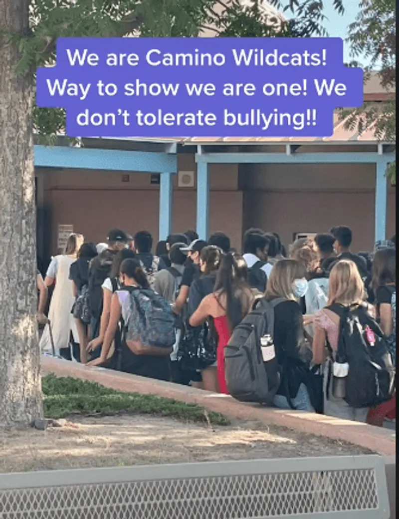 Des élèves de l'école Camino Real Middle School se rassemblent pour escorter un élève de 7e année en classe. | Source : tiktok.com/575_msjanice