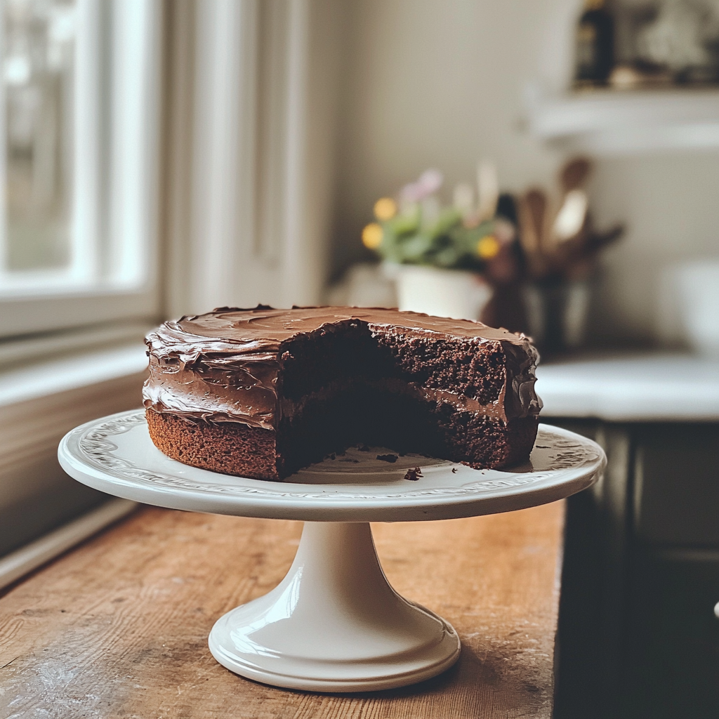 Un gâteau au chocolat sur un support à gâteau | Source : Midjourney