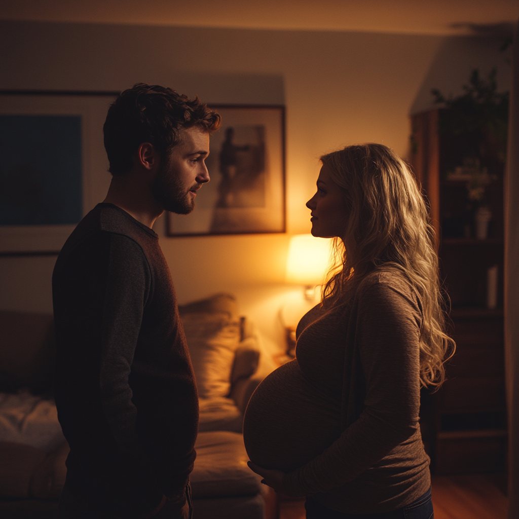 Un jeune homme déterminé ayant une discussion sérieuse avec sa femme | Source : Midjourney